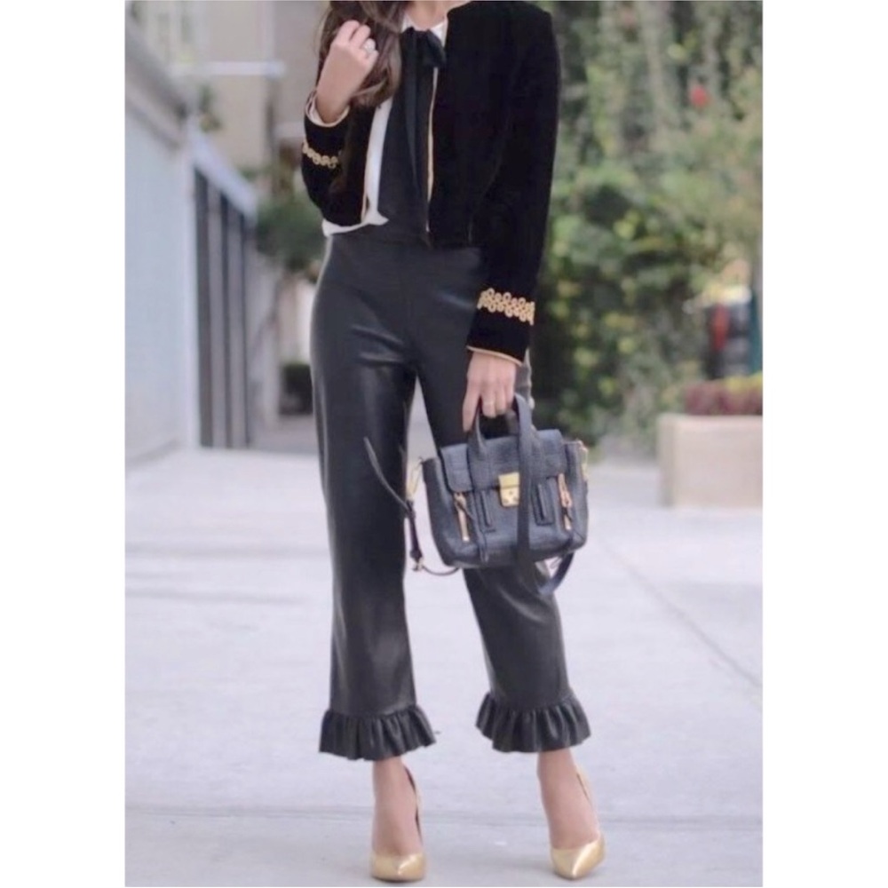 Zara Faux Leather Cropped Ruffled Bottom Trouser Pants Black Size S NEW